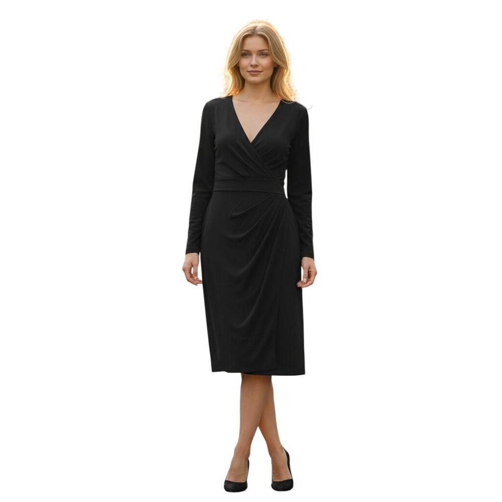 Jones New York‎ Faux Wrap Dress Womens 10 Black Excellent Surplice V-Neck